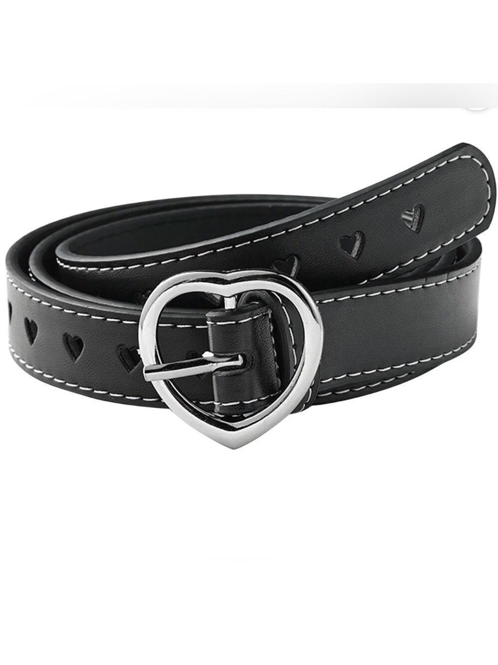 Fashion Belt Black Faux Leather Heart Buckle